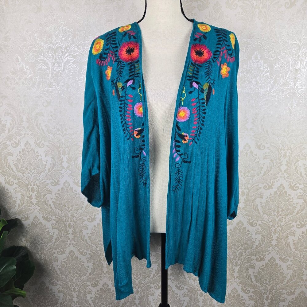 Umgee Size M/L Green Open Front Kimono Cardigan Colorful Floral Embroidery Boho
